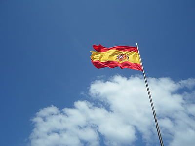 Espanha, Bandeira, Flutter, céu, azul, nuvens, vento