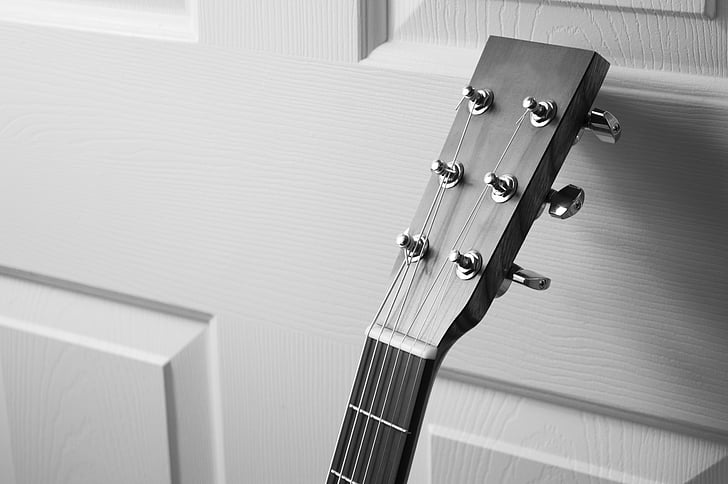 acoustic, acoustic guitar, black-and-white, guitar, instrument, music, musical instrument