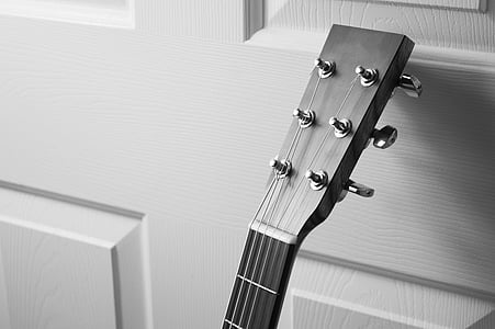 acústico, guitarra acústica, en blanco y negro, Guitarra, instrumento, música, instrumento musical