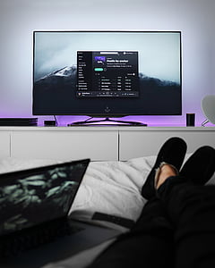 TV, monitorius, ekranas, miegamasis, lova, atsipalaiduoti, viduje