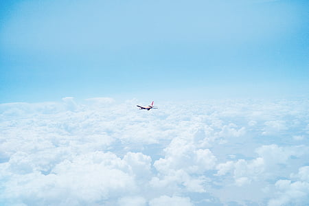 valkoinen, punainen, lentokone, pilvet, päivällä, Jet, lentokoneet