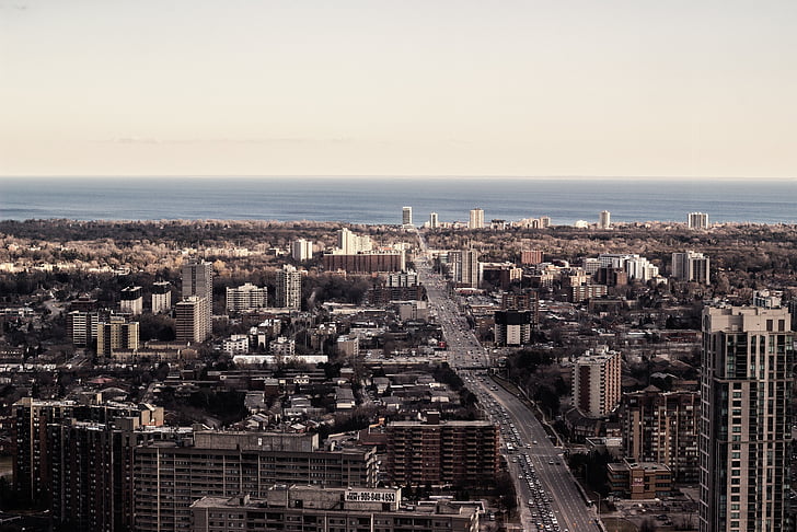Panoráma města, město, ulice, cesta, vysoká, obloha, městský