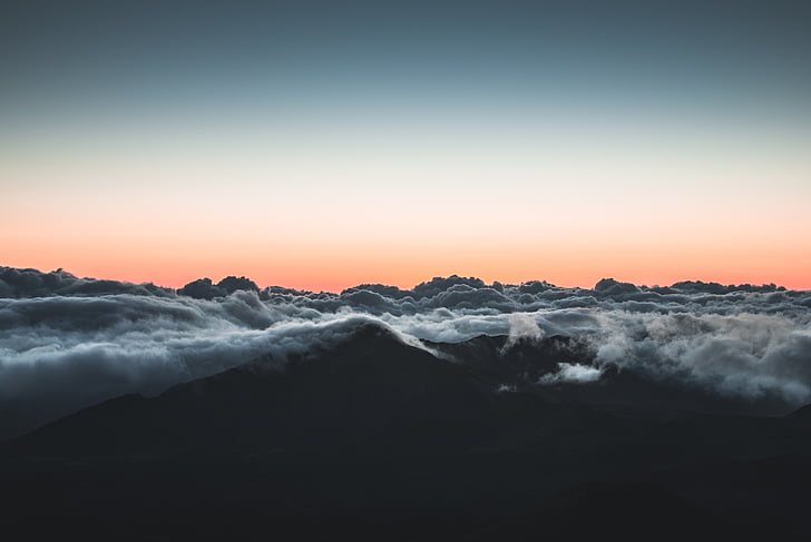 oceán, vlny, Západ slunce, hory, krajina, vrcholy, Summit
