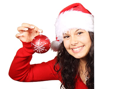 board, christmas, claus, female, bauble, girl, happy