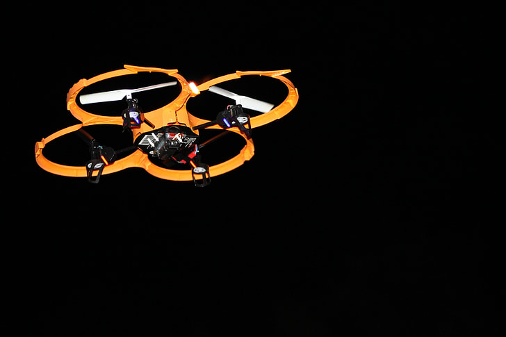 drone, repülés, éjjel, menet közben, rotor, repülőgép