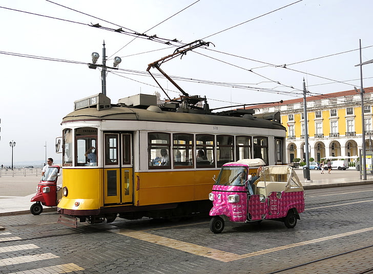tram, lisbon, tuk tuk, motorcycle, road, portugal, transport
