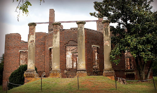ruïnes, foc danyat, plantació, mansió, Virginia, columnes, entrada de carruatges