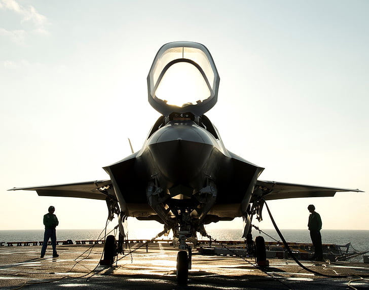 military jet, secured, silhouettes, aircraft, f-35b, plane, fighter
