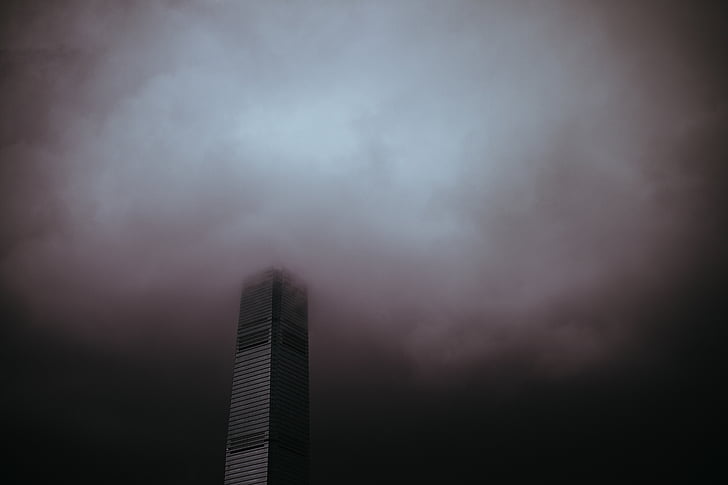 архитектура, кула, инфраструктура, тъмно, облак, небе, мъгла