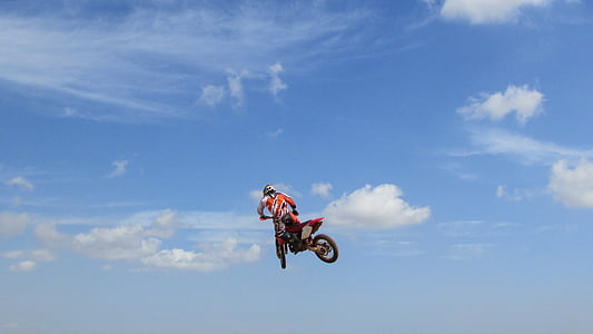 motocross, moto, voando, céu, desporto, extremo, concorrência