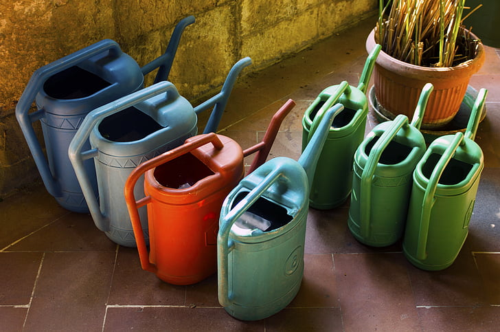 water, irrigation, watering can, garden, gardening, material plastic, group of objects