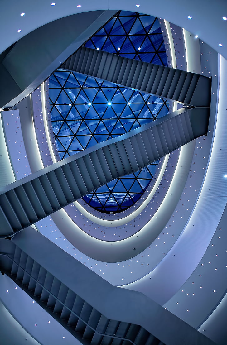 architecture, blue, building, infrastructure, interior, stairs, ceiling