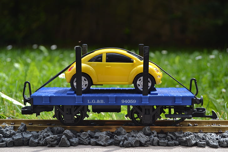 järnväg, LGB, spår 1, Flat vagnar, Autotransporter, VW beetle, modelljärnväg