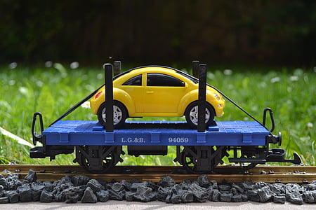 estrada de ferro, LGB, faixa 1, vagões planas, autotransporter, VW Fusca, maqueta