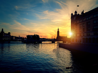 Stockholm, solnedgang, elven, Sverige, skumring