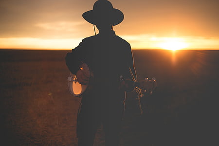 silhouettes, uomo, giocare, chitarra, tramonto, persone, musicista