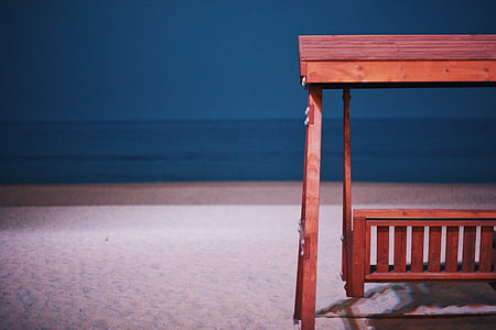 木制, 秋千, 板凳, 座位, 放松, 海滩, 白色