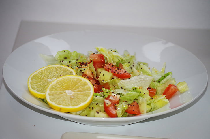 vegetable salad, healthy, plate, lemon, tomato, mustard seeds