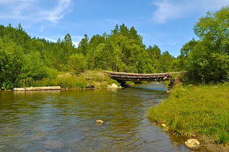 мост, дървен материал, река, гора, пейзаж, природата, небе