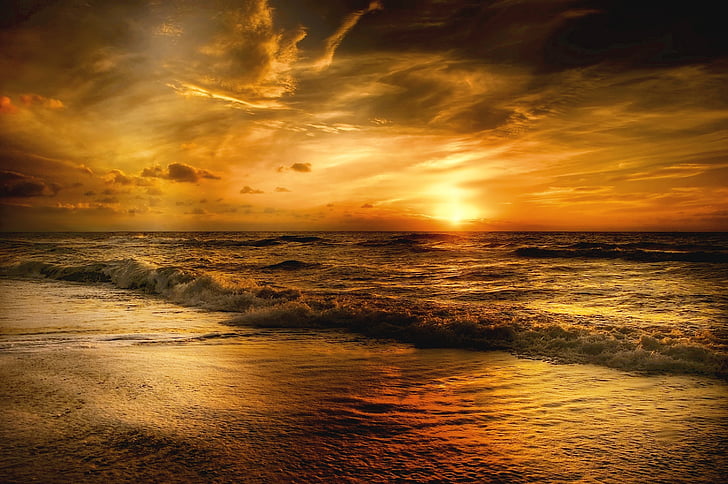 puesta de sol, Dinamarca, mar, cielo de la tarde, Costa, agua, Playa