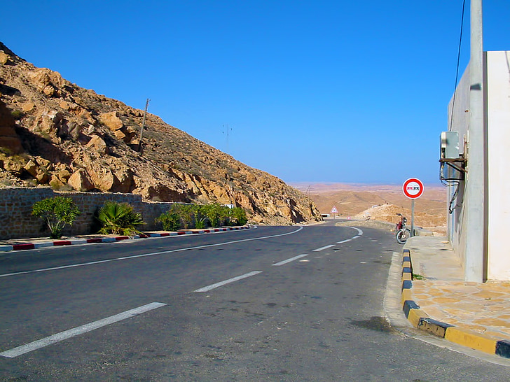 carretera, arbust, turó, cel, blau, Tunísia, la República de Tunísia