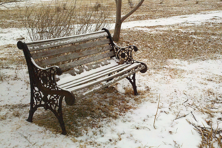 ม้านั่ง, สวน, หิมะ, ฤดูหนาว, หญ้า, เหล็กหล่อ, ไม้