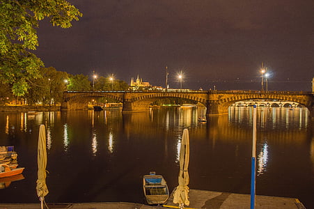 Prag, natt, slott, historia, charle's bridge, lampor, staden