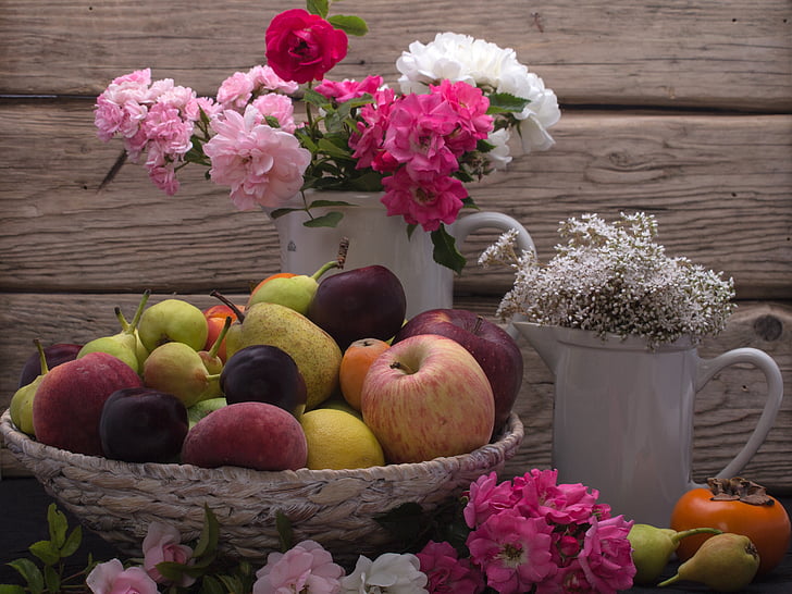bodegons, fruita, fruites, rose flors, fusta - material, taula, frescor