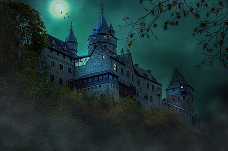 Castello, notte, Medio Evo, Luna, mistica, atmosferica, misterioso