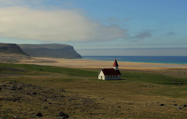 breidavik, fjords, Islande, Église, paysage, nature, scenics