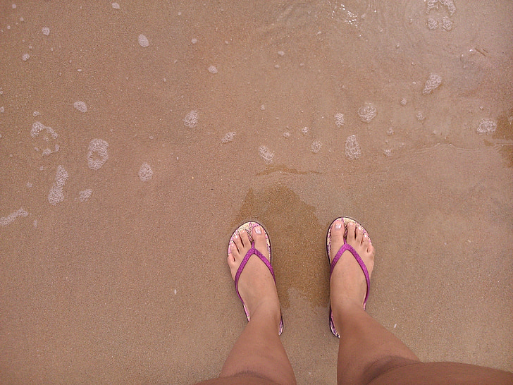 Flip-Flops, Füße, Sommer, Strand, Wellen, Meer, Urlaub
