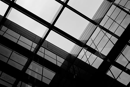 architecture, black-and-white, building, glass, low angle shot, perspective