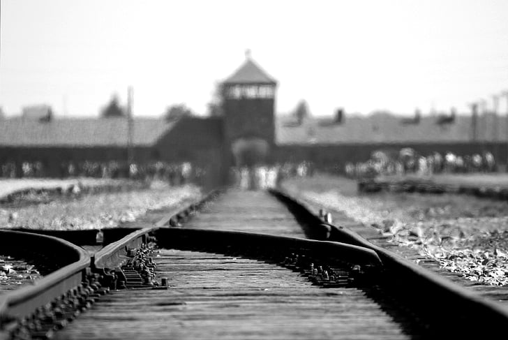 grayscale, photography, railway, Birkenau, Auschwitz, Concentration, Camp, Holocaust, transportation