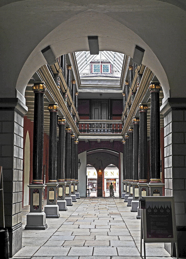 town hall, stralsund, binnenhof, wooden construction, decorated, passage, paving slabs