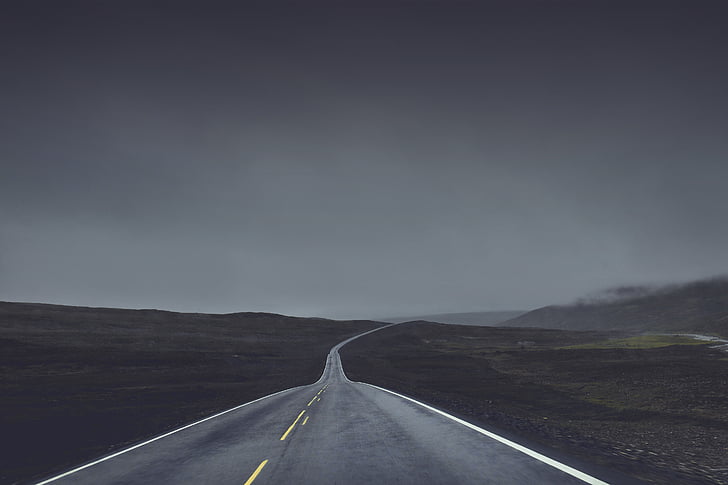 gray, concrete, empty, road, fog, rural, highway