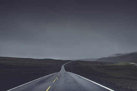 gray, concrete, empty, road, fog, rural, highway