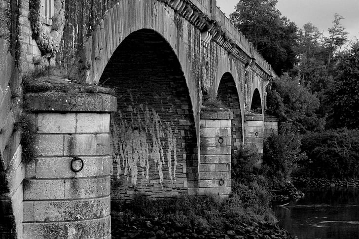 arch, bridge, underneath, french, black, white, river