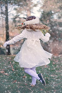 girl, child, playing, dancing, winter, twirling, young