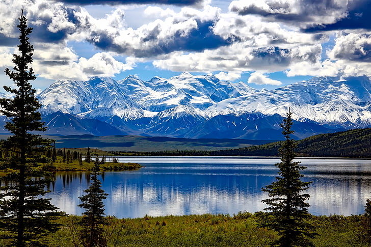 Parque Nacional de Denali, Alaska, cielo, nubes, montañas, nieve, Wonder lake