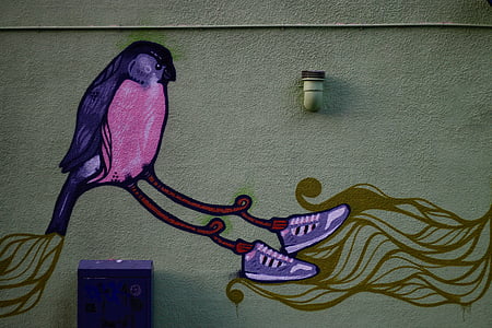 壁, アート, 壁画, 絵画, 鳥, 靴