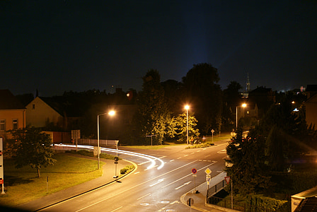 hosszú expozíció, közúti, fény, forgalom, autó fényszórók, fények, világítás