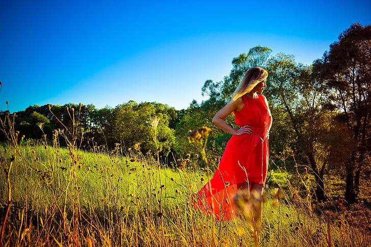 nature, girl, forest, sun, tree, sky, trees