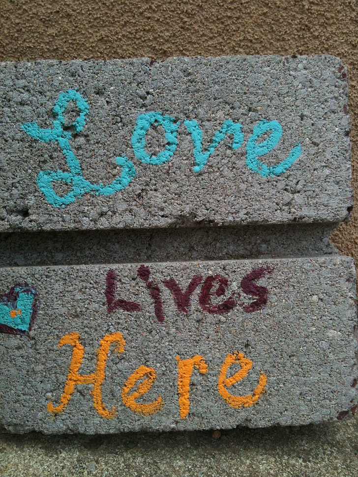 love, brick, paint, lettering, romantic, family, sign
