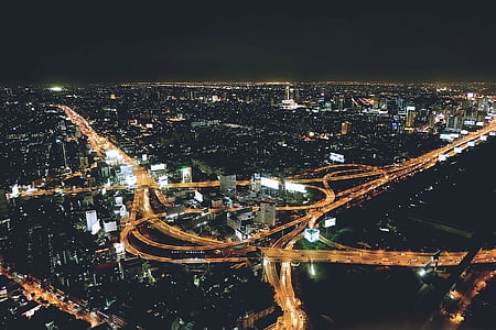 夜の街, 航空写真ビュー, 夜, 市, 空中, 都市の景観, 高速道路