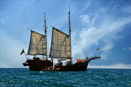 海賊船, ポルトガル, アルガルヴェ地方, 海, 波, 空, 船