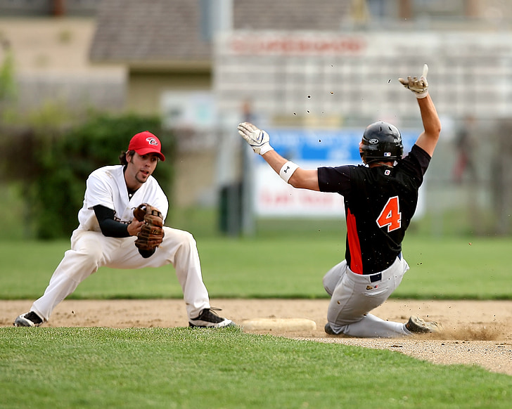 baseball, joueur de baseball, concours, soutenir la concurrence, diapositive, infield, deuxième vol