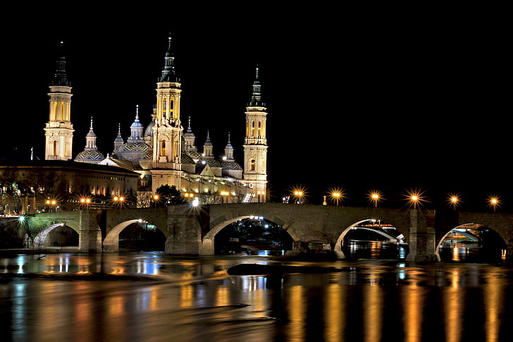 tiltas, šviesos, Architektūra, naktį, bažnyčia, katedra, upės
