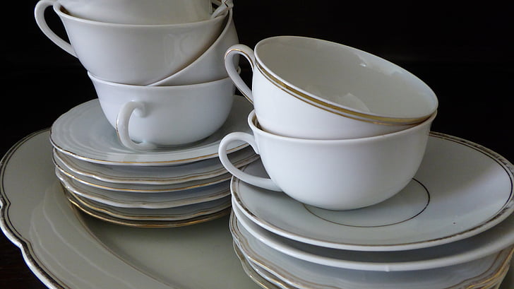 stolní nádobí, porcelán, Zlatý okraj, bílá, t, věno, kávové služby