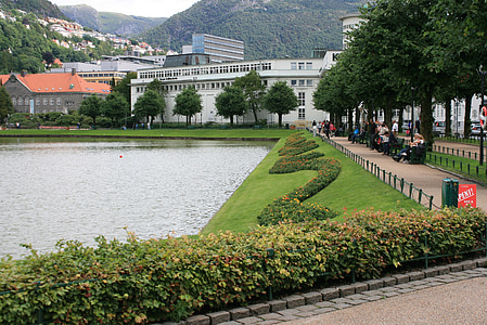 Bergen, città, centro, lungomare, giardino, paesaggio, paesaggio urbano