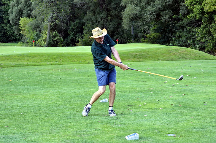 jogador de golfe, jogar golfe, balanço do golfe, homem, bola de golfe, t, teeing ground